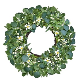 simeccom 20" Eucalyptus Wreath for Front Door - Artificial Green Leaves Wreath with White Flowers & Butterflies for Farmhouse Wall Porch Window - Four Seasons Home Decor