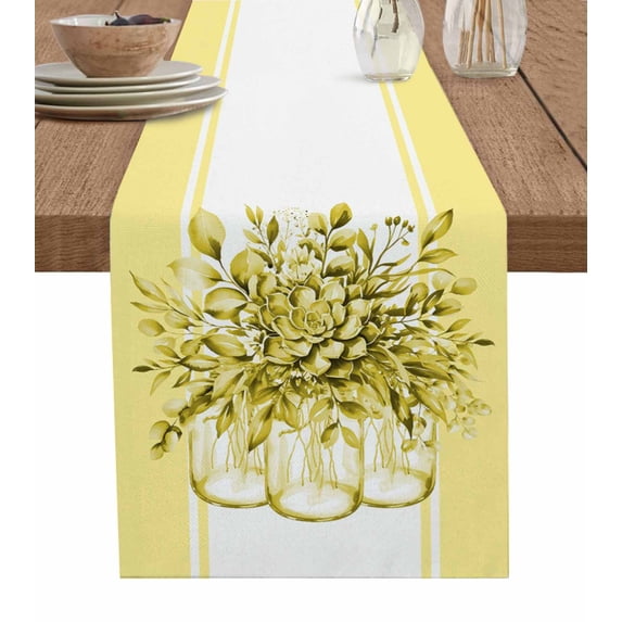 Eucalyptus Yellow Burlap Cotton Table Runner 18x72 Inches Long, Stripes Bottle Flower Cactus Plant Farmhouse Table Runners, Outdoor Dining Tablecloths Decor for Baby Shower/Party/Wedding