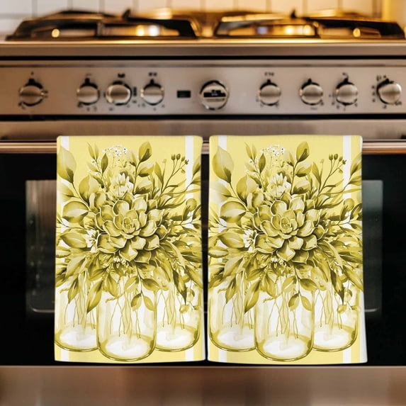 Eucalyptus Yellow Kitchen Towels Set of 4, Vintage Bottle Succulents Flower Stripe Absorbent Dish Towels for Kitchen, Microfiber Hand Towel, Quick Drying Tea Towel for Cleaning Decorative Dishcloths