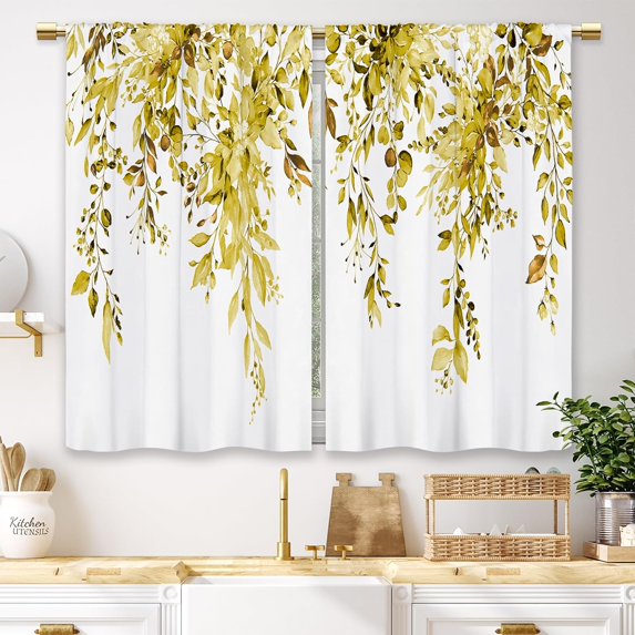 Eucalyptus Yellow Leaves Kitchen Curtains Botanical Floral Plant Small Short Cafe Window Curtains Rustic Flower Fall Bathroom Window Drapes Treatment Tier Curtains 2 Panels (27.5x39 Inch)