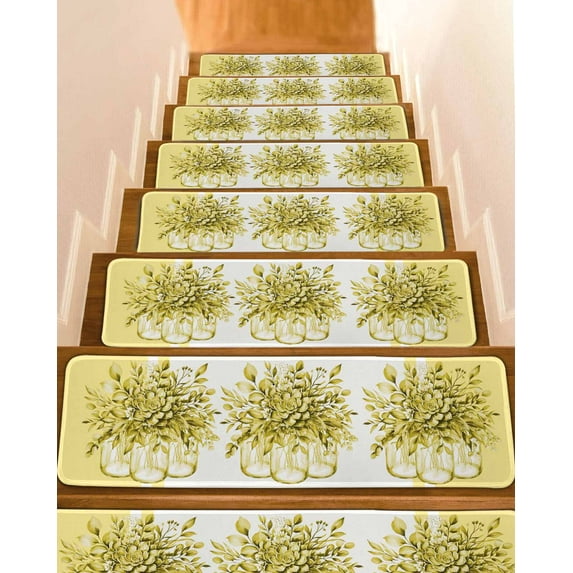 Eucalyptus Yellow Stair Treads for Wooden Steps Indoor Runner Rug Carpet, Stripes Bottle Flower Cactus Plant 4 Pieces Peel and Stick Staircase Step Treads Covers Washable Throw Door Mats, 30"x8"