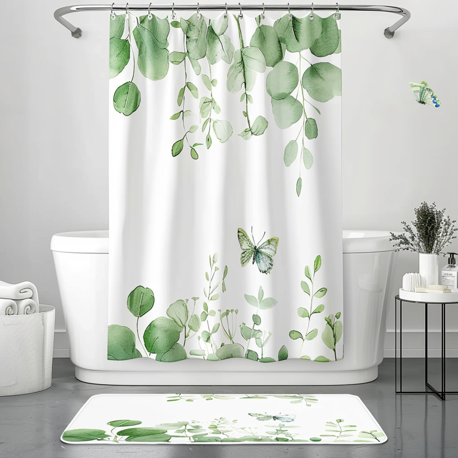 Eucalyptus and Butterfly Bathroom Shower Curtain Set White with Green