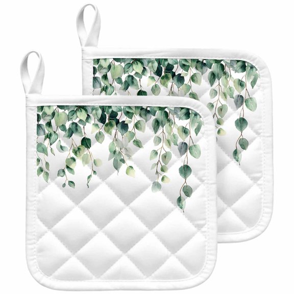 Eucalyptus Leaves Pot Holders for Kitchen Heatproof Potholder, 2 Pack Spring Botanical Leaf Branch Vines Hot Pads Multipurpose Oven Pads Cloth Potholders Trivet for Cooking and Baking
