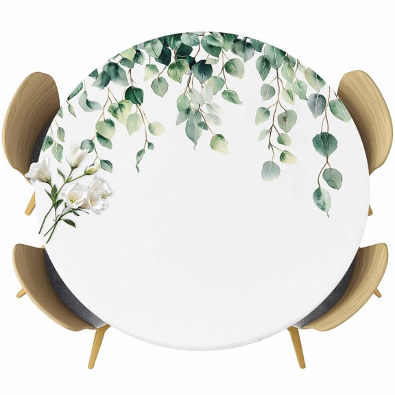Eucalyptus Leaves Round Tablecloth 36-44 Inch Round Fitted Table Cloth with Elastic Edge, Spring Botanical Leaf Branch Vines Waterproof Table Cover Protector for Outdoor Picnic Party Dining