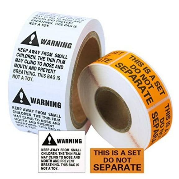 Eucatus 1" x 2" Neon Orange Do Not Separate & 2" x 2" White & Black Suffocation Stickers, 3 Each Pk