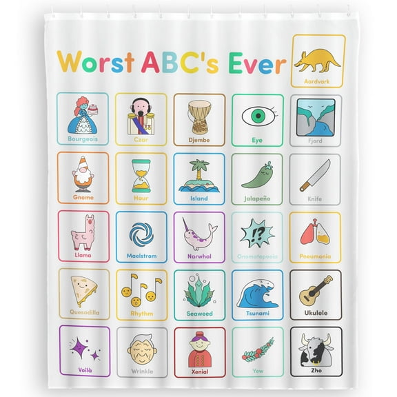Eucatus 60" x 72" Funny, Bad ABC's Plastic Shower Curtain Set Includes Hardware