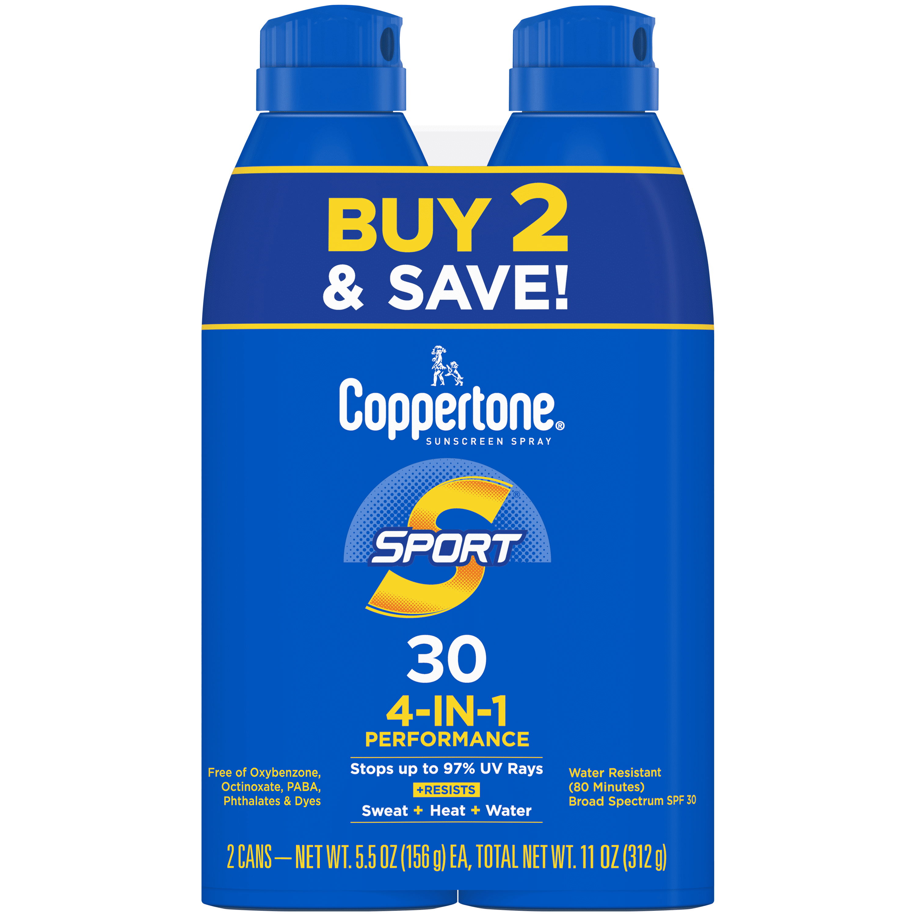 Coppertone Sport 4-in-1 Performance Sunscreen Spray,Twin Pack, SPF 30, Adult, 11 oz