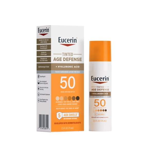 Eucerin Sun Age Defense Tinted Face Sunscreen Lotion SPF 50 with Hyaluronic Acid, 2.5 fl oz