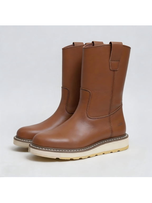Men’s Soft Toe Pull-On Work Boots, 10” Leather Boots with Slip-Resistant Outsole for Warehouse & Daily Wear DH-86984