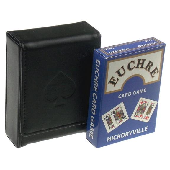 Hickoryville Euchre Playing Cards -2 Euchre Decks in 1 Box with Black Leather Storage Case