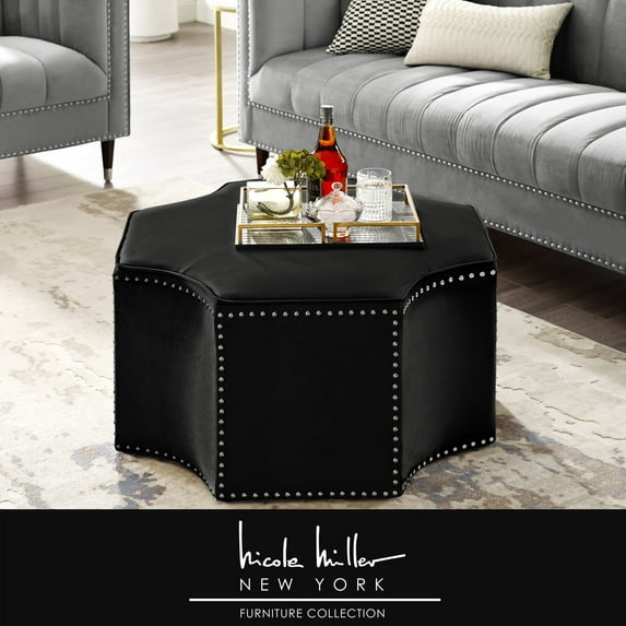 Nicole Miller New York Zaid Velvet Octagon Cocktail Ottoman, Black Velvet/Chrome