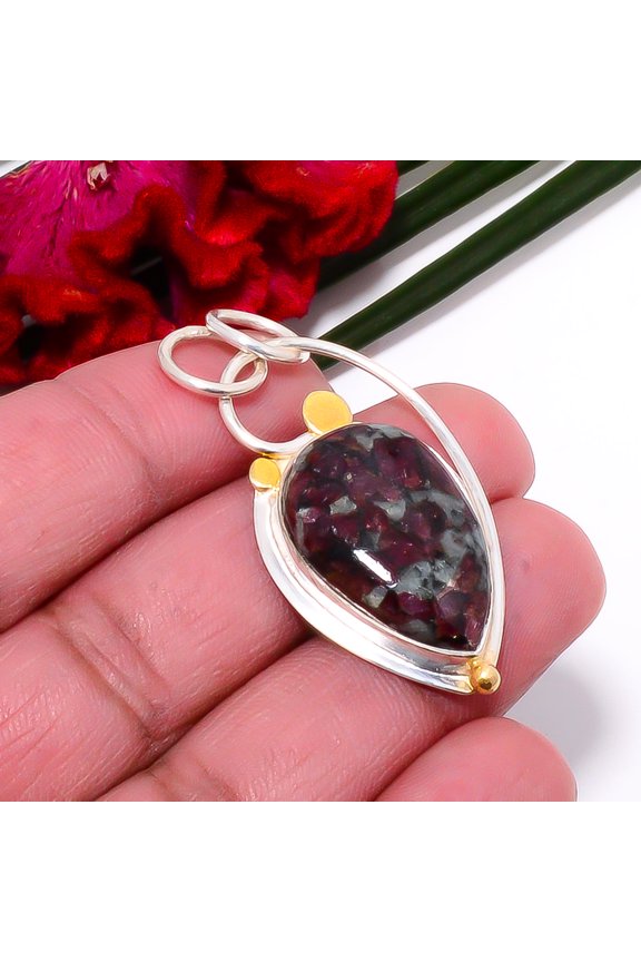 Eudialyte - Russia 925 Sterling Silver Two Tone Designer Pendant 1.76" Sku4, red Pendant, Natural Gemstone Pendant