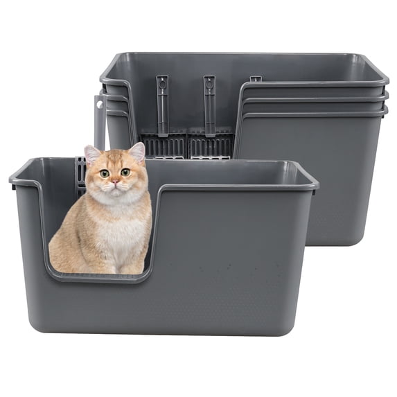 EudokkyNA 4 Pack Cat Litter Box with High Sides, Large Cat Litter Pan, Grey