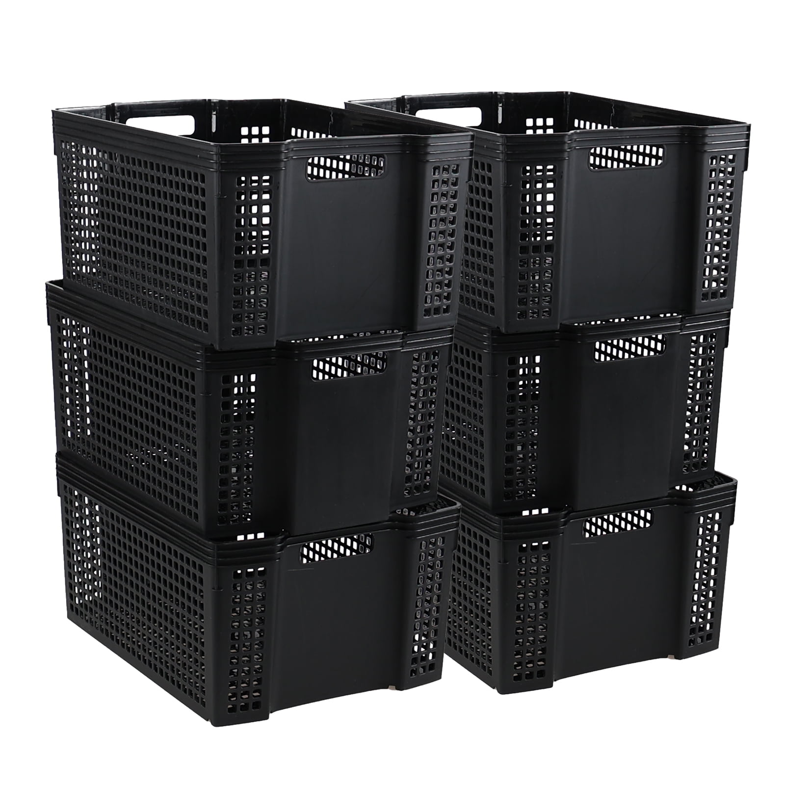 EudokkyNA 6 Pack Palstic Rectangle Plastic Basket with Handles, Plastic Stackable Shelf Baskets, Black