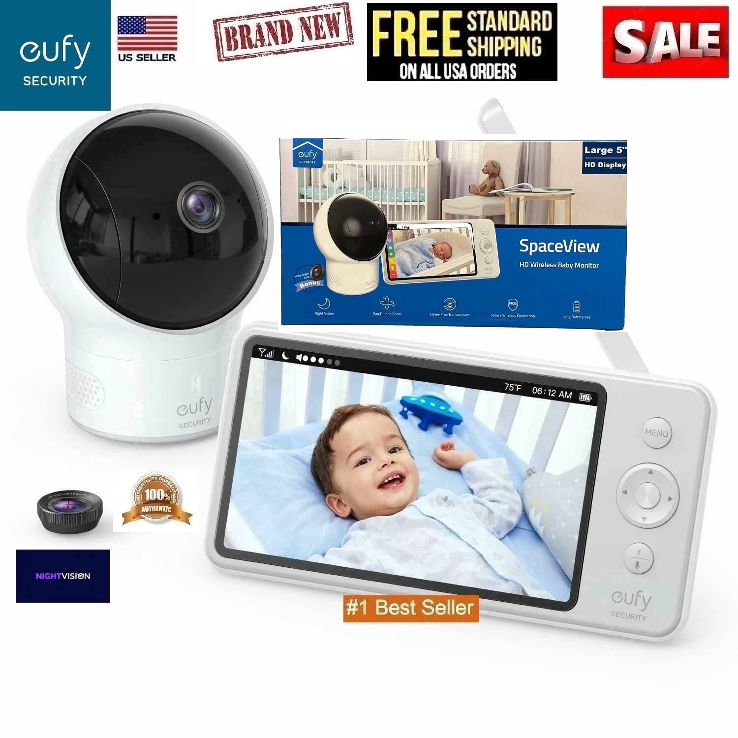 Eufy Security Spaceview Anker HD Resolution Indoor/Outdoor  Night Vision 5'' Camera Wireless Baby Monitor E110 Video and Audio T83001D2