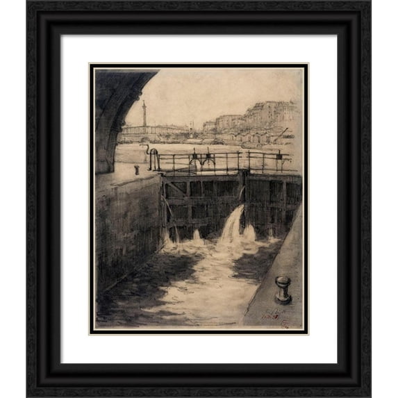 Eugène Béjot 20x24 Black Ornate Framed Double Matted Museum Art Print Titled: Lock of the Saint-Martin Canal. Arsenal Lock