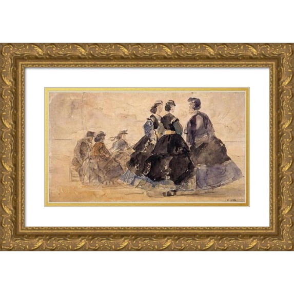 Eugène Boudin 14x10 Gold Ornate Wood Frame and Double Matted Museum Art Print Titled - Seat Woman and Various Characters by the Sea (1865-1870)