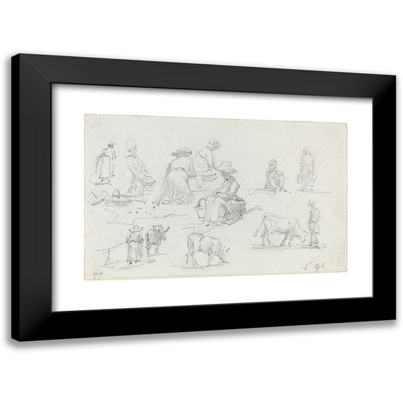 Eugène Boudin 14x11 Black Modern Framed Museum Art Print Titled - Peasants and Cows (Recto) (1877)