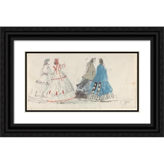 Eugène Boudin 14x9 Black Ornate Wood Framed Double Matted Museum Art Print Titled: Four Ladies in Crinolines Walking at Trouville (1865)