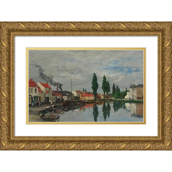 Eugène Boudin 18x13 Gold Ornate Wood Frame and Double Matted Museum Art Print Titled - Brussels, the Louvain Canal (1871)