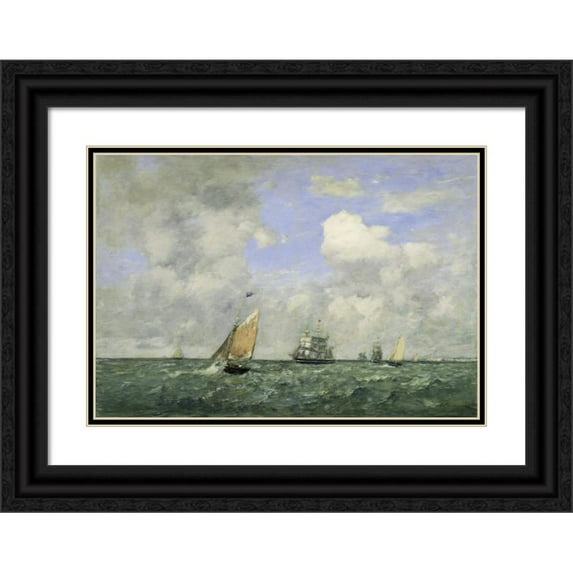 Eugène Boudin 18x14 Black Ornate Wood Framed Double Matted Museum Art Print Titled - Ships and Sailing Boats Leaving Le Havre (1887)