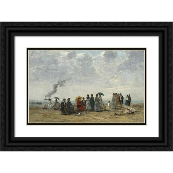 Eugène Boudin 24x16 Black Ornate Framed Double Matted Museum Art Print Titled: Figures on the Beach (C. 1867-1870)
