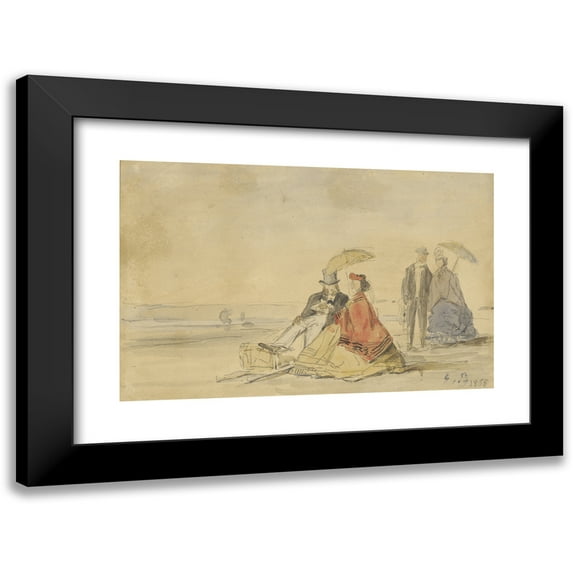 Eugène Boudin 24x17 Black Modern Framed Museum Art Print Titled - A Couple Seated and a Couple Walking on the Beach (1865)