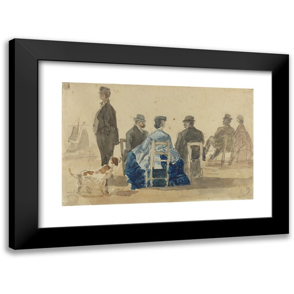 Eugène Boudin 24x17 Black Modern Framed Museum Art Print Titled - Ladies and Gentlemen Seated on the Beach with a Dog (1866)