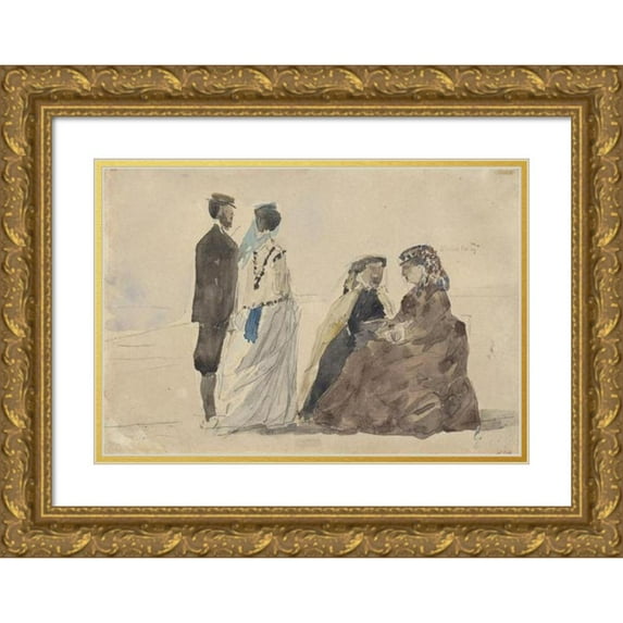 Eugène Boudin 24x18 Gold Ornate Framed and Double Matted Museum Art Print Titled - Two Ladies Seated and a Couple Walking on the Beach (C. 1866)