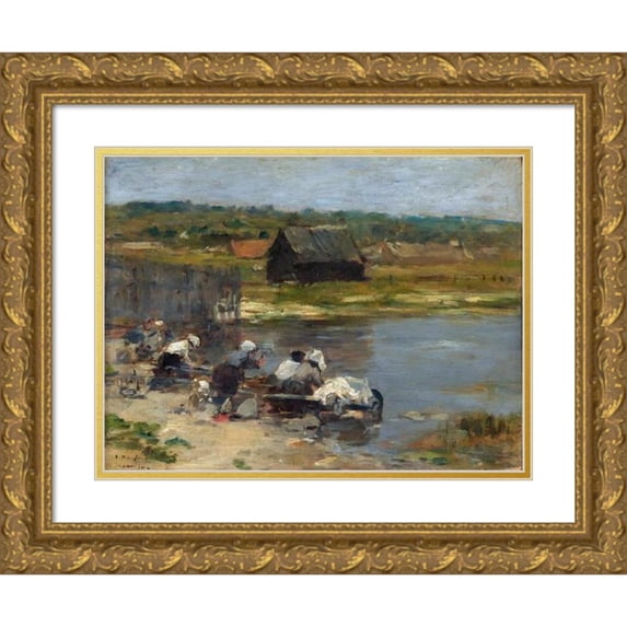 Eugène Boudin 24x19 Gold Ornate Framed and Double Matted Museum Art Print Titled - Washerwomen at the Edge of the Pond (1880)