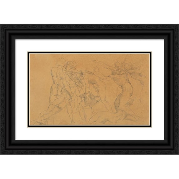 Eugène Delacroix 14x10 Black Ornate Wood Framed Double Matted Museum Art Print Titled: Battle Scene with a Prisoner Being Bound, After Raphael (ca. 1823)