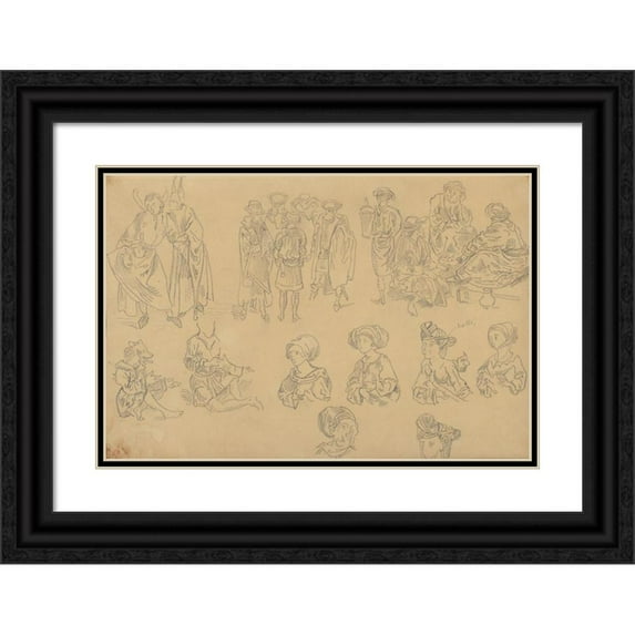 Eugène Delacroix 14x11 Black Ornate Wood Framed Double Matted Museum Art Print Titled: Figures in Medieval Costume (Tracings from the ‘Nuremberg Chronicle’) (ca. 1822-30)
