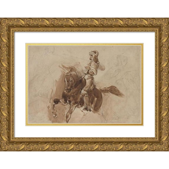 Eugène Delacroix 14x11 Gold Ornate Wood Frame and Double Matted Museum Art Print Titled - Armored Figure on Horseback (Recto) (C. 1828)
