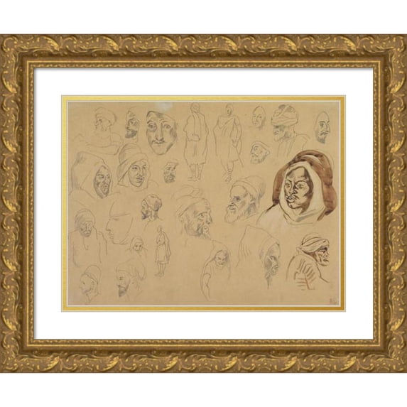 Eugène Delacroix 14x11 Gold Ornate Wood Frame and Double Matted Museum Art Print Titled - Studies of Arab Heads and Figures (After 1832)
