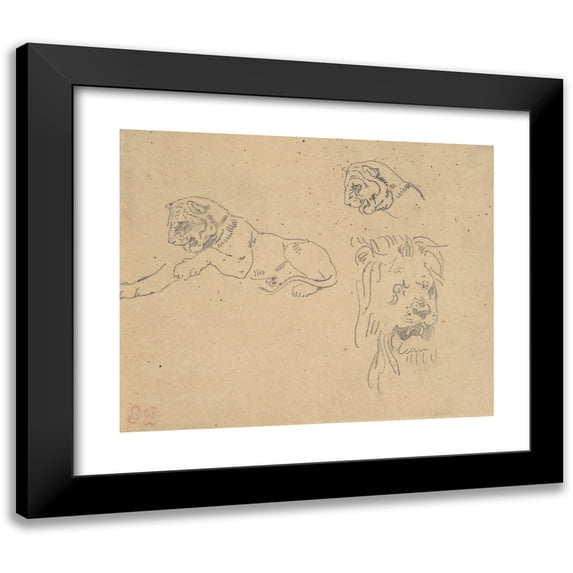 Eugène Delacroix 14x12 Black Modern Framed Museum Art Print Titled - Three Studies of a Lion (1815-63)