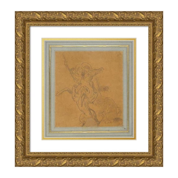 Eugène Delacroix 15x16 Gold Ornate Wood Frame and Double Matted Museum Art Print Titled - Lion Attacking a Horse with Rider (Sketch for the Tiger Hunt) (ca. 1854)