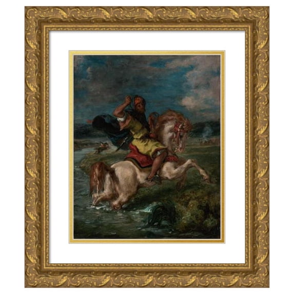 Eugène Delacroix 15x17 Gold Ornate Wood Frame and Double Matted Museum Art Print Titled - Moroccan Horseman Crossing a Ford (1850)