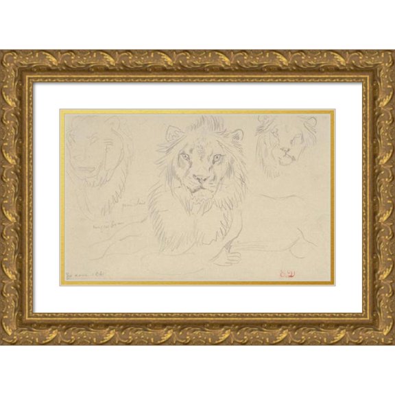 Eugène Delacroix 24x17 Gold Ornate Framed and Double Matted Museum Art Print Titled - A Lion, Full Face (1841)