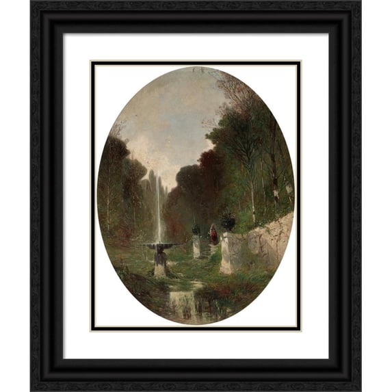 Eugène Deshayes 19x24 Black Ornate Framed Double Matted Museum Art Print Titled: Romantic Landscape with Fountain (1873)