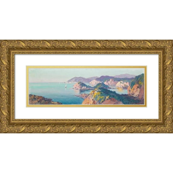 Eugène-François-Adolphe Deshayes 14x8 Gold Ornate Wood Frame and Double Matted Museum Art Print Titled - Boats Sailing Near a Rocky Coast