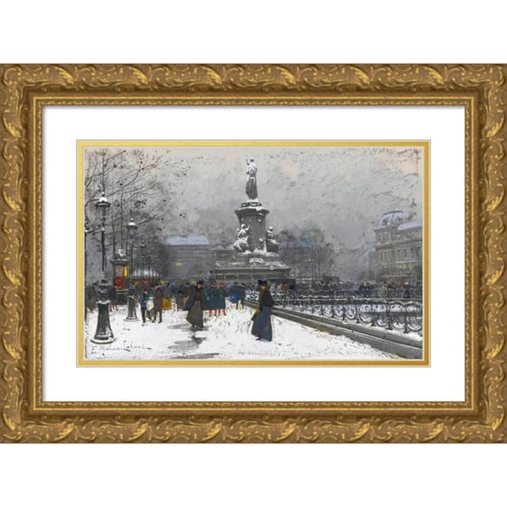 Eugène Galien-Laloue 24x16 Gold Ornate Framed and Double Matted Museum Art Print Titled - Place De La Republique (Snow)