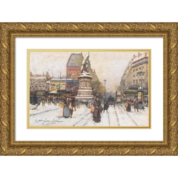 Eugène Galien-Laloue 24x16 Gold Ornate Framed and Double Matted Museum Art Print Titled - The Place De Clichy in Snow, Paris