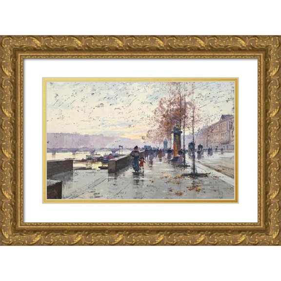 Eugène Galien-Laloue 24x17 Gold Ornate Framed and Double Matted Museum Art Print Titled - Figures at the Quay of Louvre, Paris