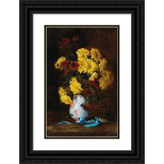 Eugène Henri Cauchois 13x18 Black Ornate Wood Framed Double Matted Museum Art Print Titled - Bouquet of Asters in a Vase