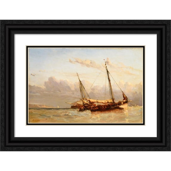 Eugène Isabey 24x17 Black Ornate Framed Double Matted Museum Art Print Titled: Fishing Boats (1841)