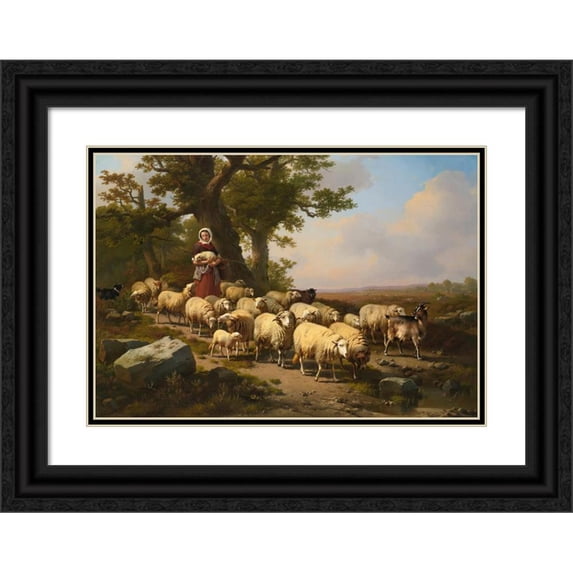 Eugène Joseph Verboeckhoven 18x14 Black Ornate Wood Framed Double Matted Museum Art Print Titled - A Shepherdess with Her Flock (1871)