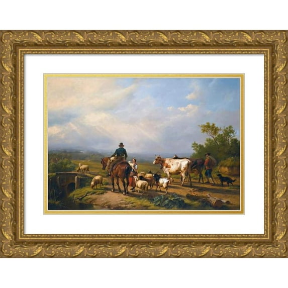 Eugène Joseph Verboeckhoven 24x18 Gold Ornate Framed and Double Matted Museum Art Print Titled - Rider Conversing with a Shepherdess in an Extensive Landscape (1850)