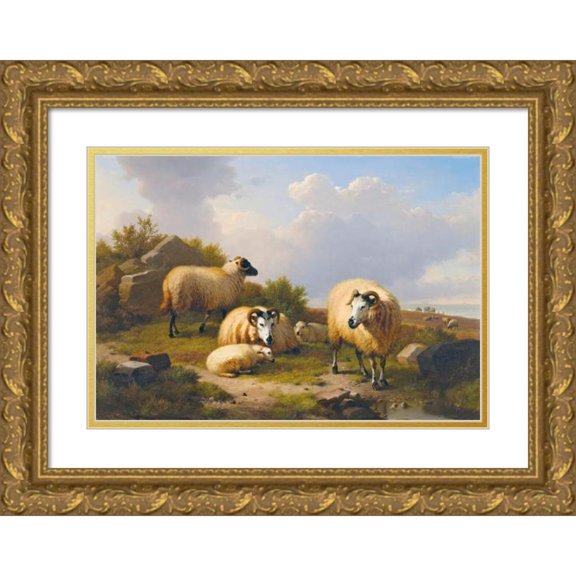 Eugène Joseph Verboeckhoven 24x18 Gold Ornate Framed and Double Matted Museum Art Print Titled - Sheep in a Scottish Landscape (1871)