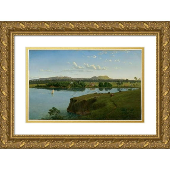 Eugène von Guérard 14x10 Gold Ornate Wood Frame and Double Matted Museum Art Print Titled - Purrumbete from Across the Lake