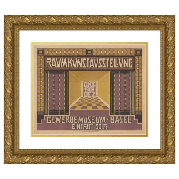 Eugen Kupper 18x15 Gold Ornate Wood Frame and Double Matted Museum Art Print Titled - Room Art Exhibition, Commercial Museum Basel (1909)